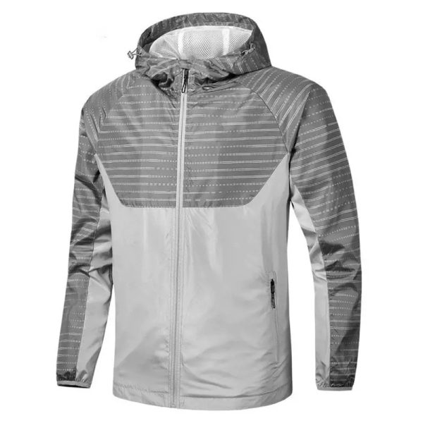 Men’s waterproof rain jacket with adjustable hood and zipper front