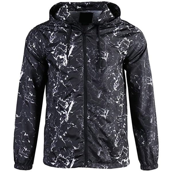 Men’s waterproof rain jacket with adjustable hood and zipper front