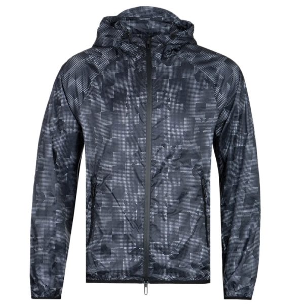 Men’s waterproof rain jacket with adjustable hood and zipper front