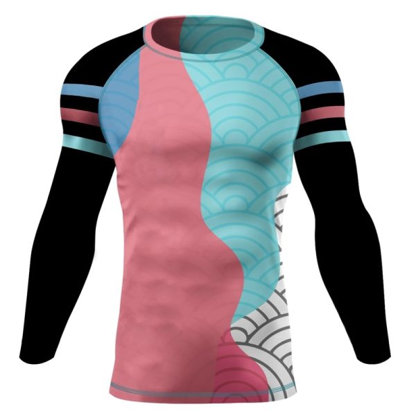 Compression fit rash guard for MMA, surfing, and water sports.