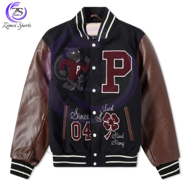 Stylish baseball jacket featuring contrast sleeves and striped collar.