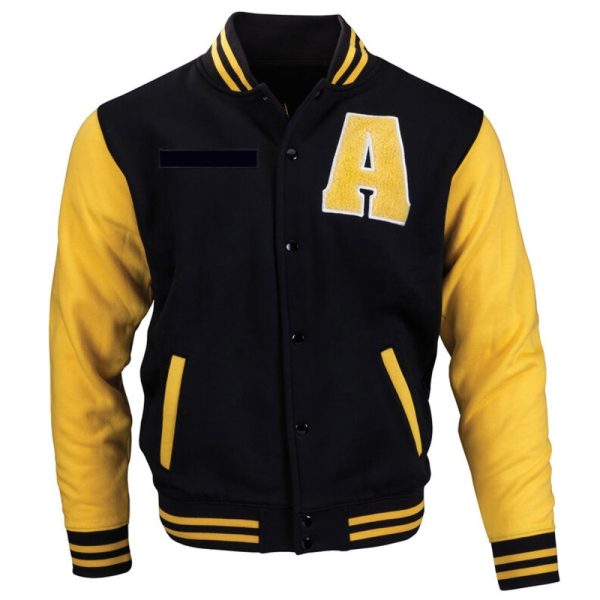 Classic varsity jacket for men – wool body with leather sleeves and striped rib cuffs