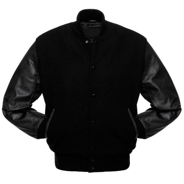 Classic varsity jacket for men – wool body with leather sleeves and striped rib cuffs