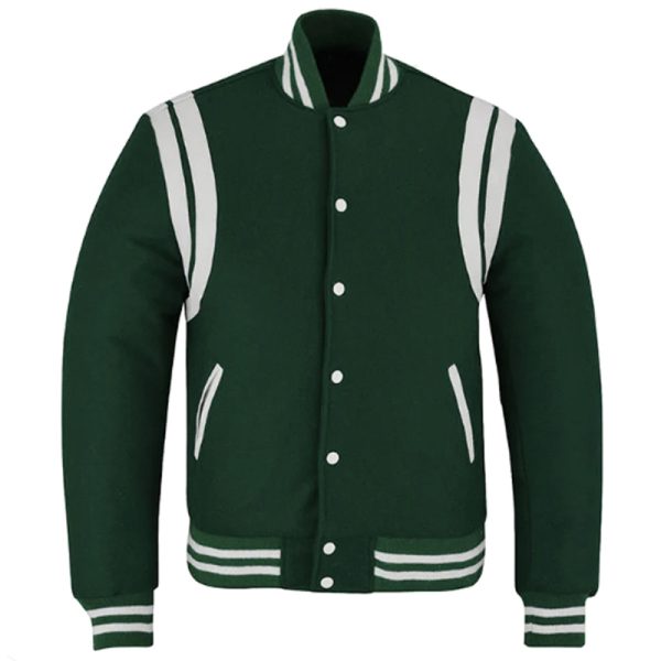 Classic varsity jacket for men – wool body with leather sleeves and striped rib cuffs