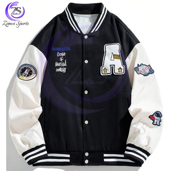 Stylish baseball jacket featuring contrast sleeves and striped collar