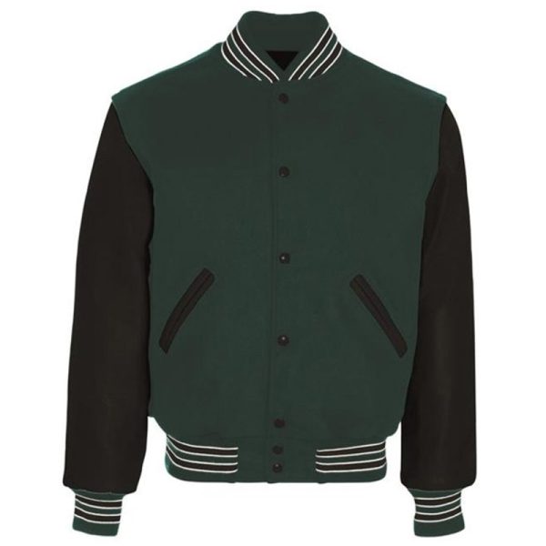Classic varsity jacket for men – wool body with leather sleeves and striped rib cuffs