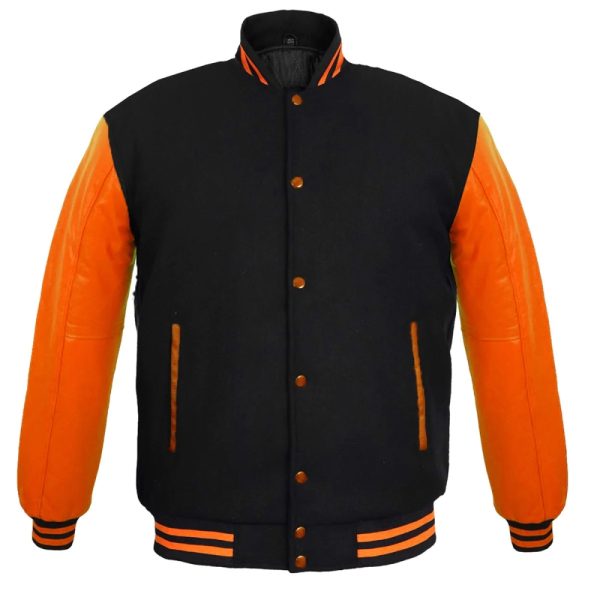 Classic varsity jacket for men – wool body with leather sleeves and striped rib cuffs