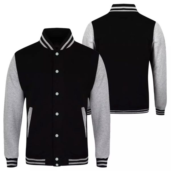 Classic varsity jacket for men – wool body with leather sleeves and striped rib cuffs